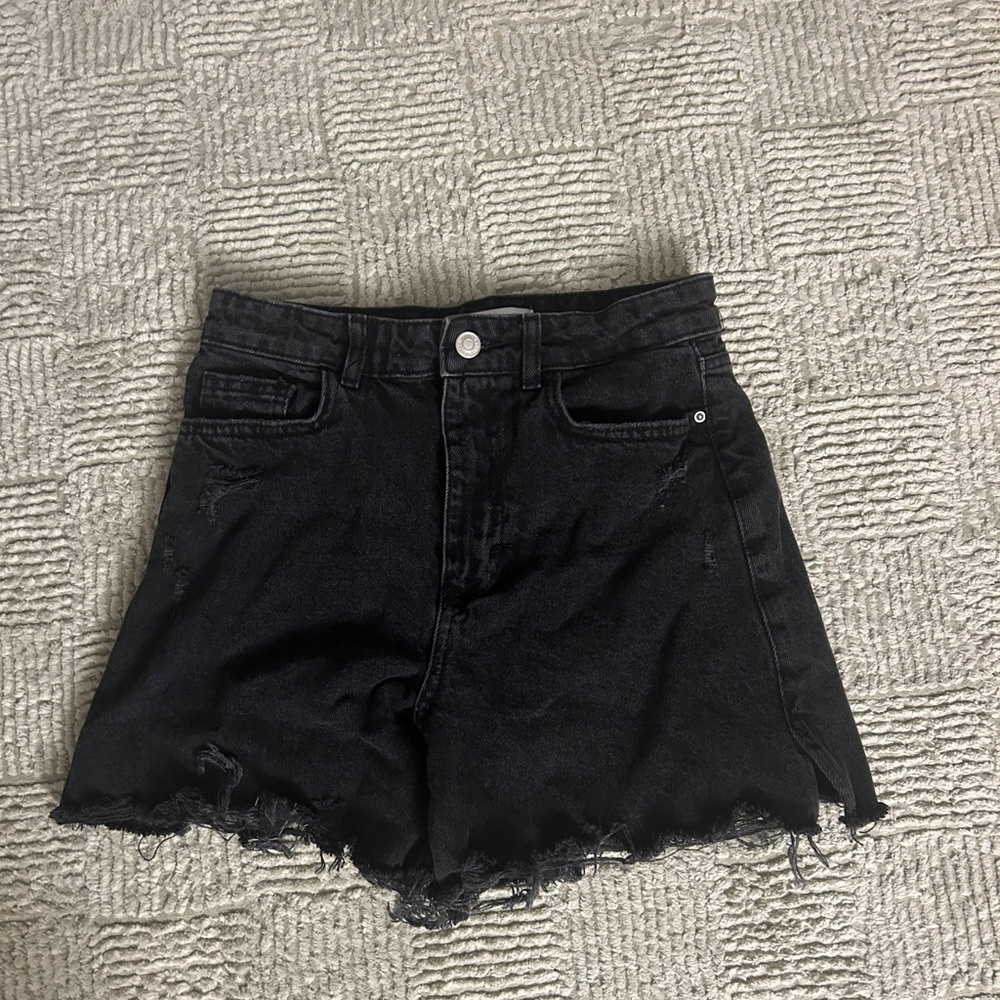 Zara High Waist Black Distressed Jean Shorts